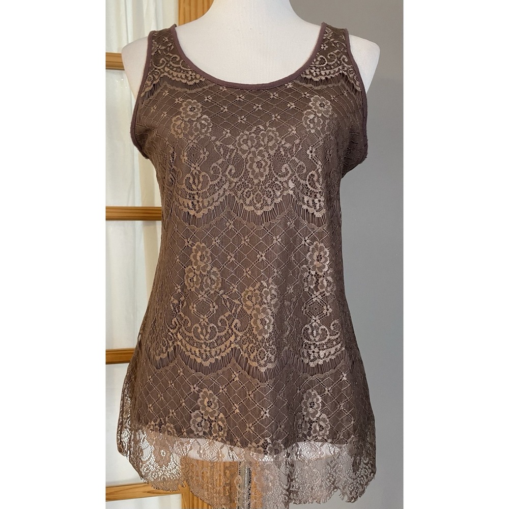 Maurices Floral Lace Tank Top Womens Sz M Scallop Hem Mauve Romantic Club City